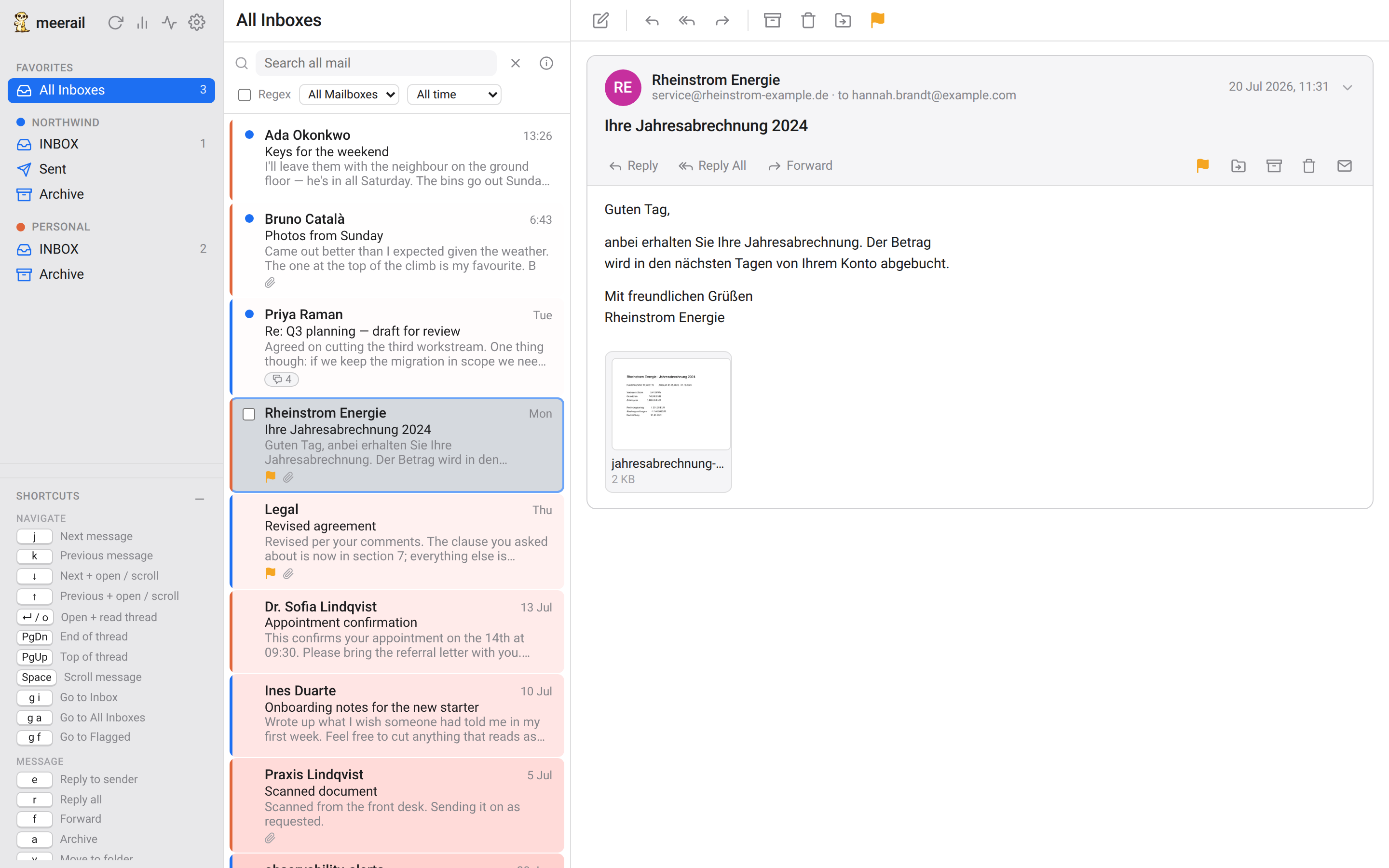 The meerail three-pane inbox: mailboxes for two accounts on the left, a unified message list in the middle, and an open message with a PDF attachment on the right.
