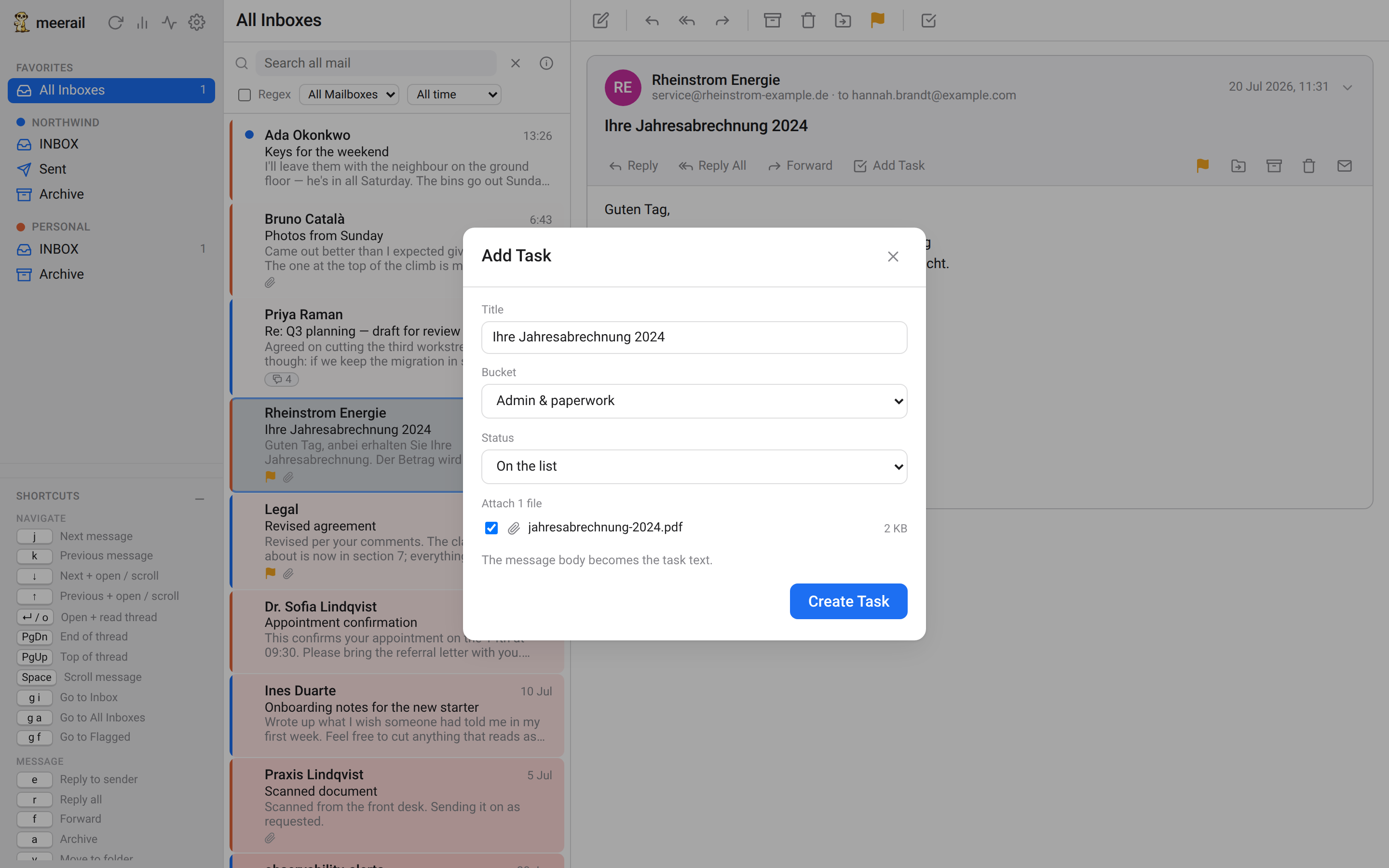 The Add Task dialog filing an invoice email into Meerato, with the subject prefilled as the title, a bucket and status picker, and the PDF attachment ticked.